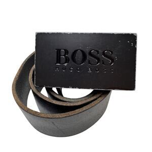HUGO BOSS Men's Belt Brown Leather Black Matte Plaque Buckle Adjustable USED
